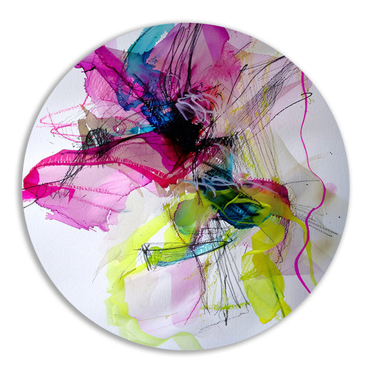 Abstracte kleurrijke dynamische kunst met lijnen aluminium muurcirkel