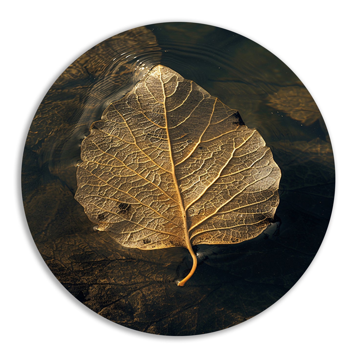 Blad met gouden nerven drijft op donker water aluminium muurcirkel