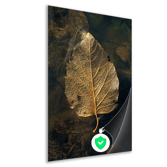 Blad met gouden nerven drijft op donker water poster