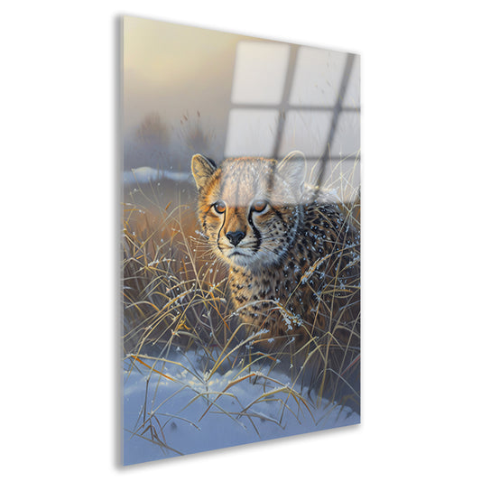 Jonge cheeta in sneeuw bedekt gras acrylglas