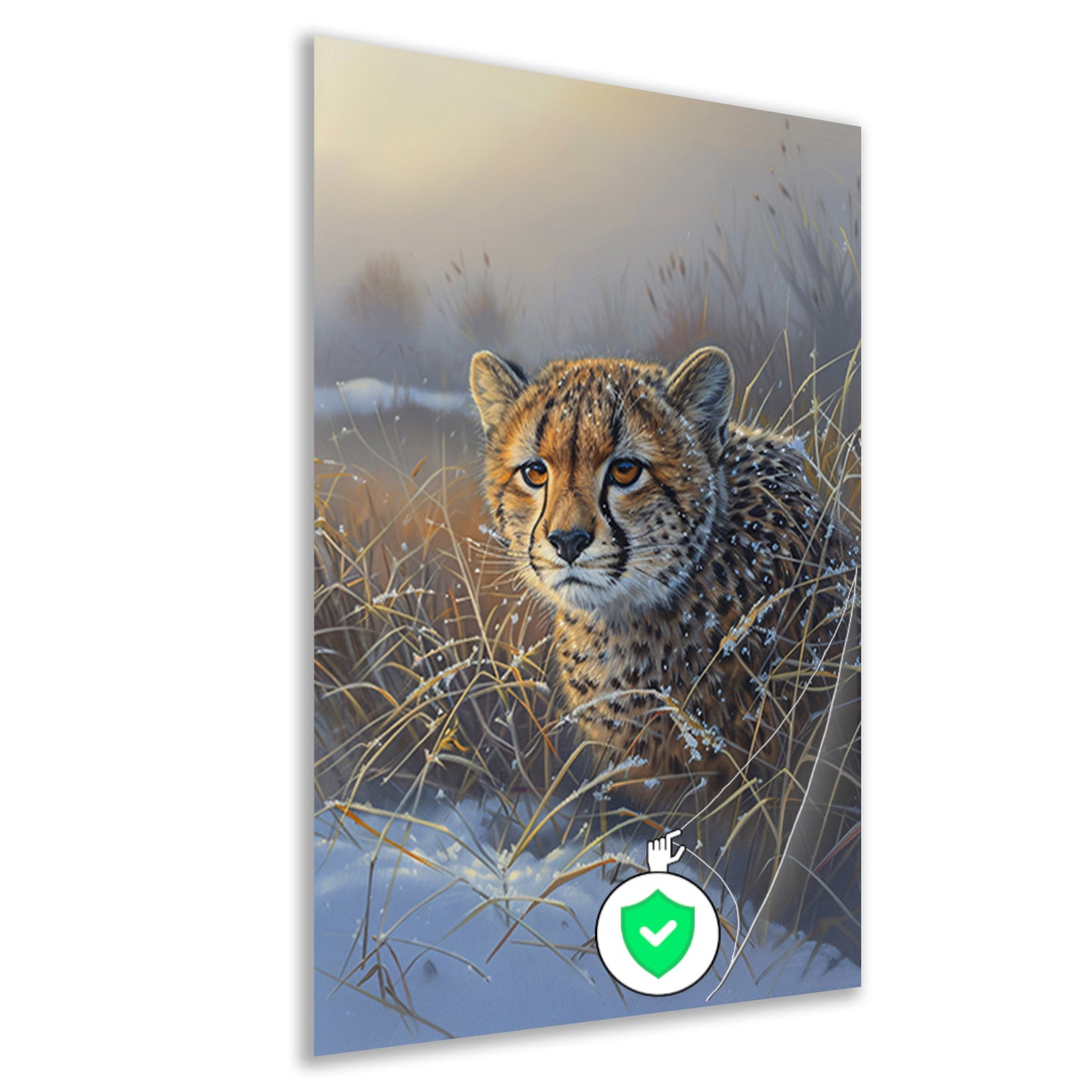 Jonge cheeta in sneeuw bedekt gras poster