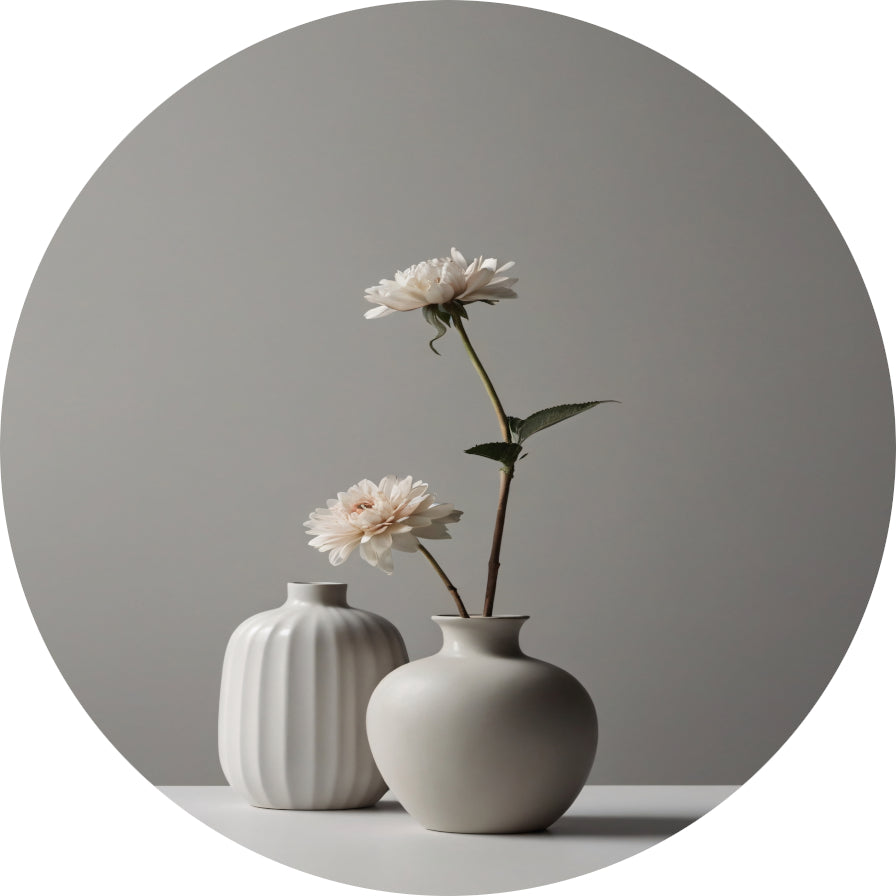Minimalistische Vazen en Witte Bloemen Stilleven forex muurcirkel