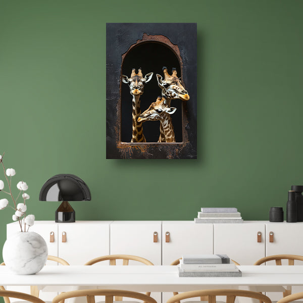 Drie Giraffen kijken door een Raam acrylglas