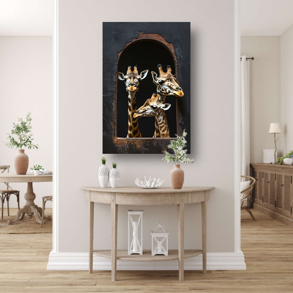 Drie Giraffen kijken door een Raam acrylglas