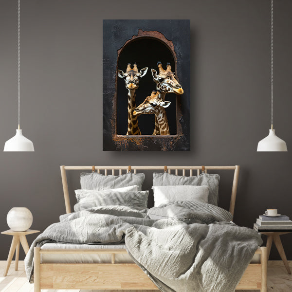 Drie Giraffen kijken door een Raam poster