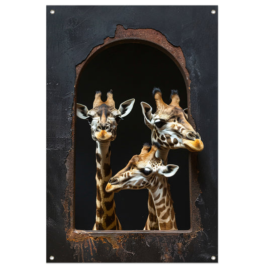 Drie Giraffen kijken door een Raam tuinposter