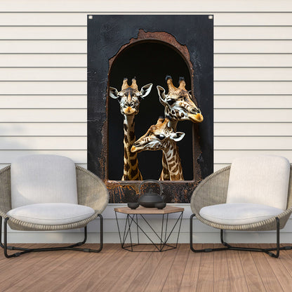 Drie Giraffen kijken door een Raam tuinposter