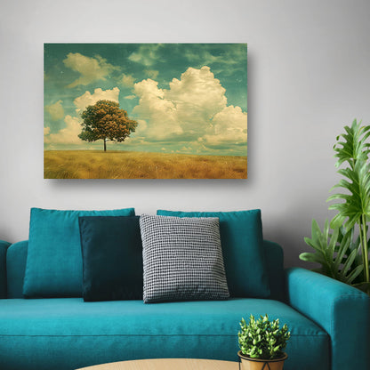Boom in een uitgestrekt veld onder wolken canvas
