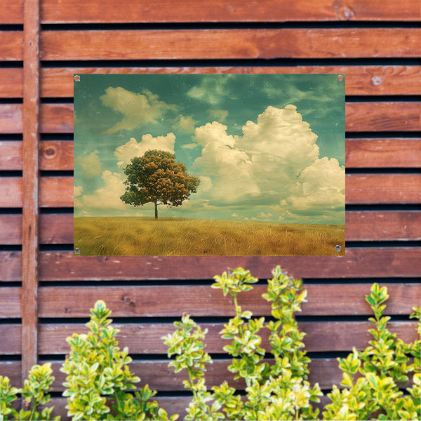 Boom in een uitgestrekt veld onder wolken   tuinposter