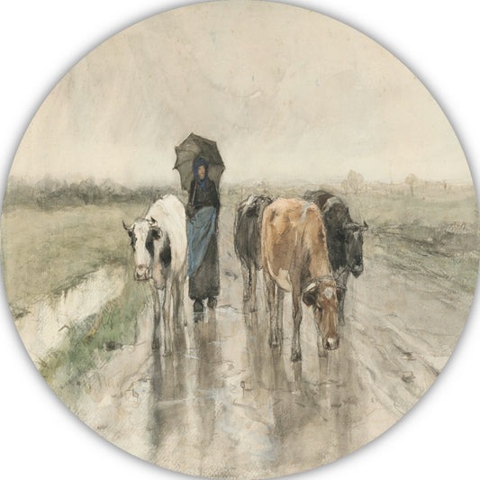 Een boerin met koeien op een landweg in de regen - Anton Mauve aluminium muurcirkel