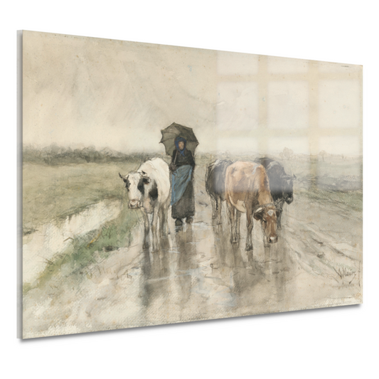 Een boerin met koeien op een landweg in de regen - Anton Mauve acrylglas