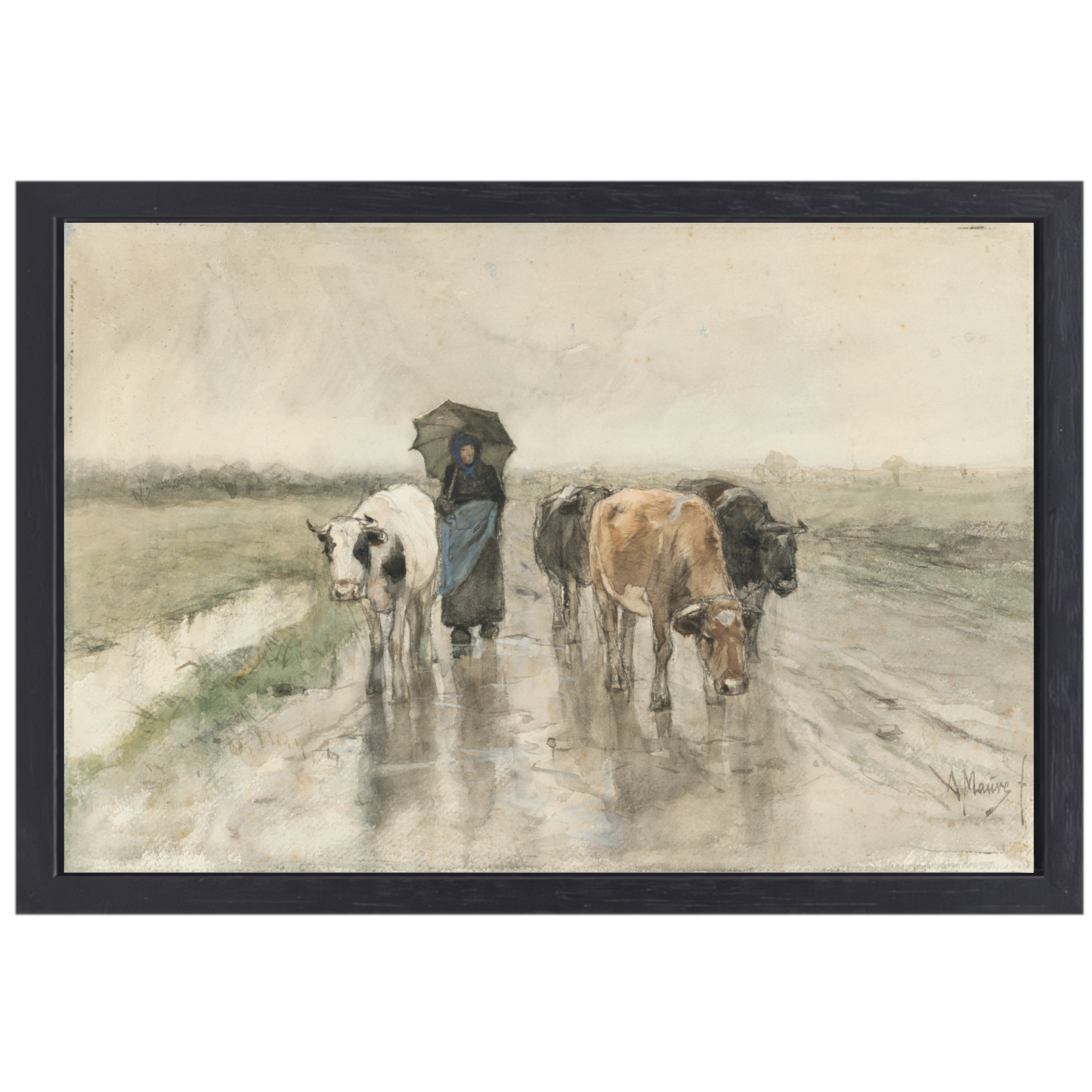 Een boerin met koeien op een landweg in de regen - Anton Mauve canvas met baklijst