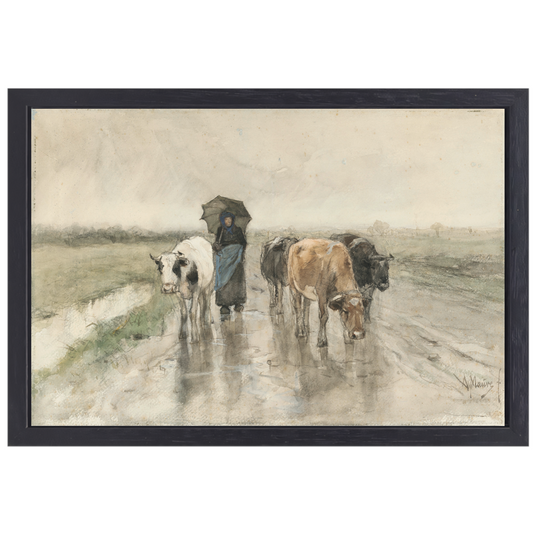 Een boerin met koeien op een landweg in de regen - Anton Mauve canvas met baklijst