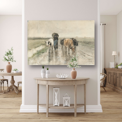Een boerin met koeien op een landweg in de regen - Anton Mauve poster