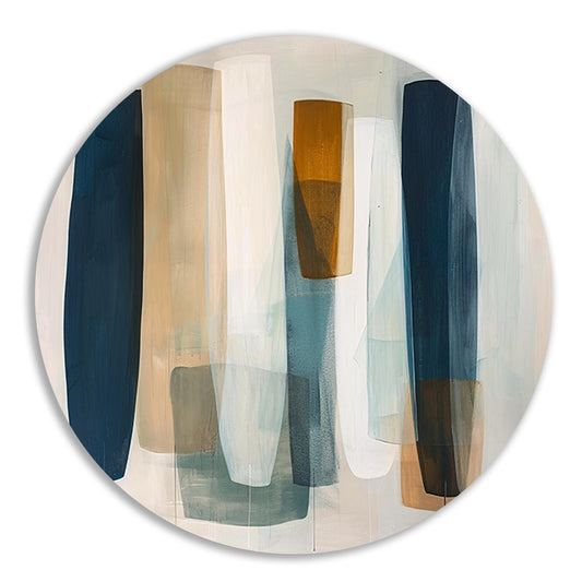 Moderne abstracte kunst in aardetinten en blauw aluminium muurcirkel