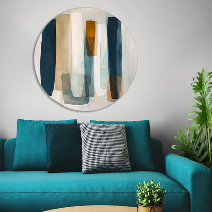 Moderne abstracte kunst in aardetinten en blauw aluminium muurcirkel