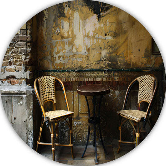 Versleten muur met klassieke bistrostoelen aluminium muurcirkel