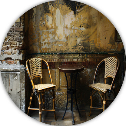 Versleten muur met klassieke bistrostoelen forex muurcirkel