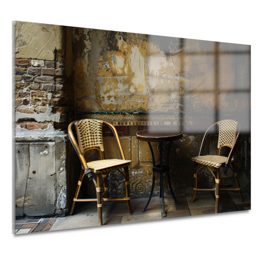 Versleten muur met klassieke bistrostoelen acrylglas