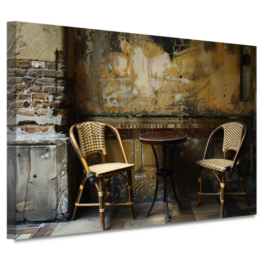 Versleten muur met klassieke bistrostoelen canvas