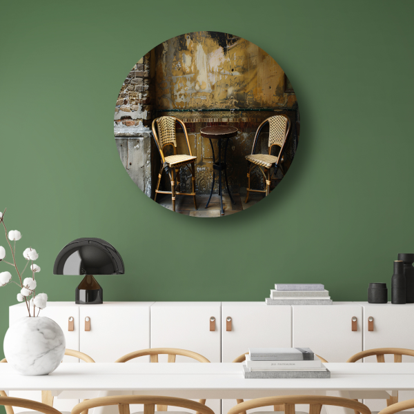 Versleten muur met klassieke bistrostoelen aluminium muurcirkel