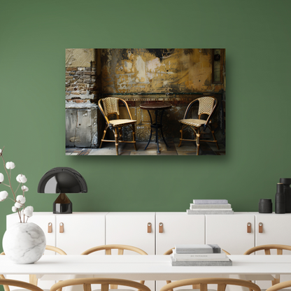 Versleten muur met klassieke bistrostoelen canvas