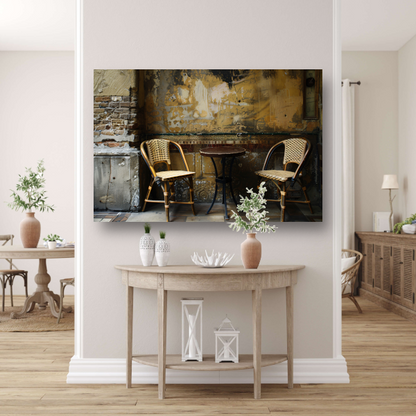 Versleten muur met klassieke bistrostoelen canvas