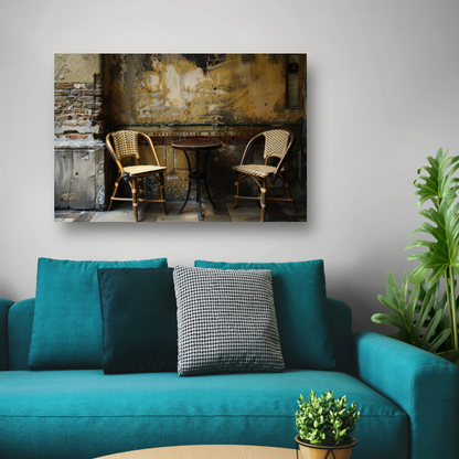 Versleten muur met klassieke bistrostoelen canvas