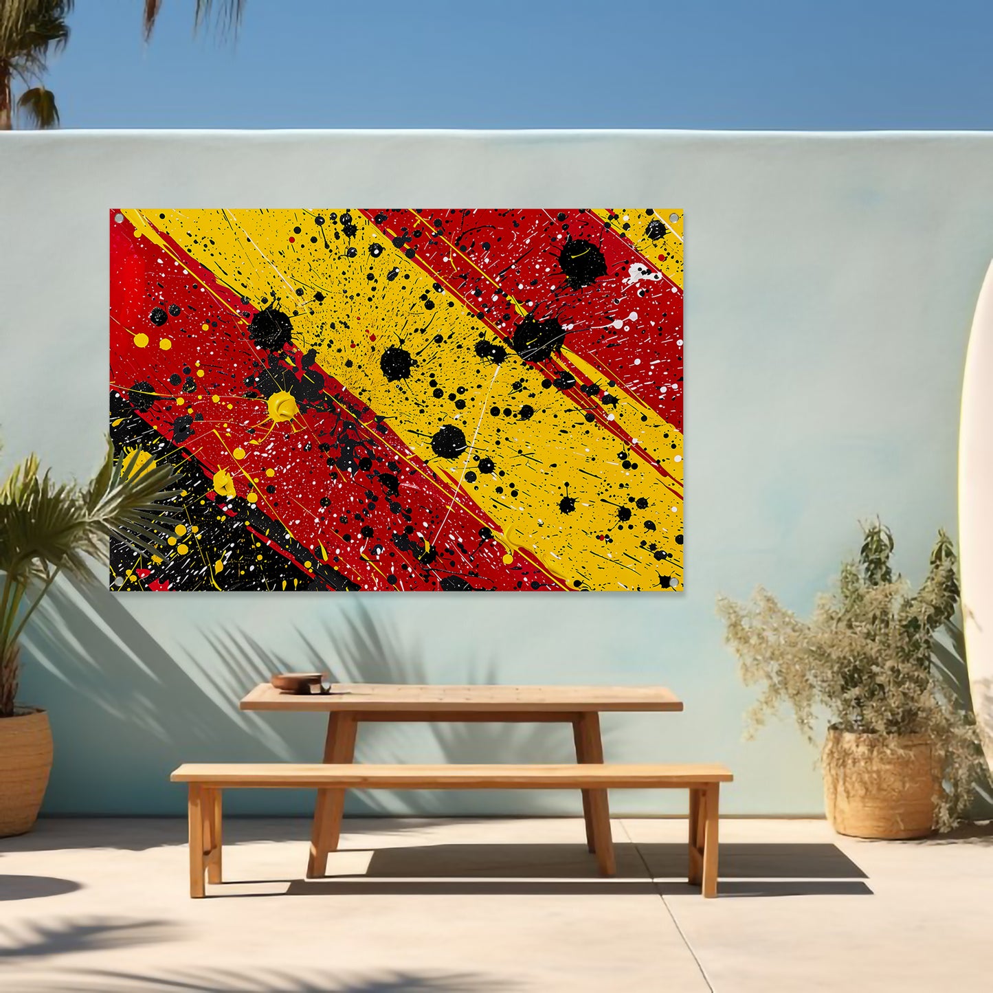 Abstracte dynamische kunst met kleurrijke spetters tuinposter