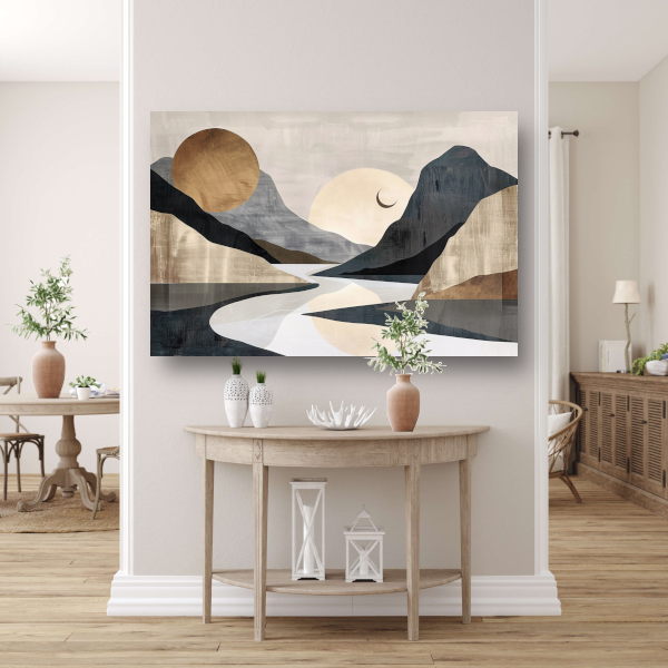 Meanderende Rivier Tussen Monochrome Bergen poster