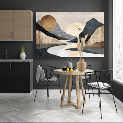 Meanderende Rivier Tussen Monochrome Bergen poster