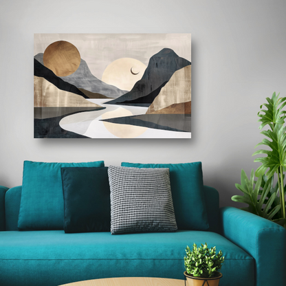 Meanderende Rivier Tussen Monochrome Bergen poster