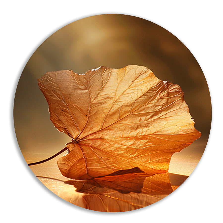 Gouden herfstblad met reflectie op water aluminium muurcirkel