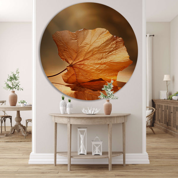 Gouden herfstblad met reflectie op water forex muurcirkel
