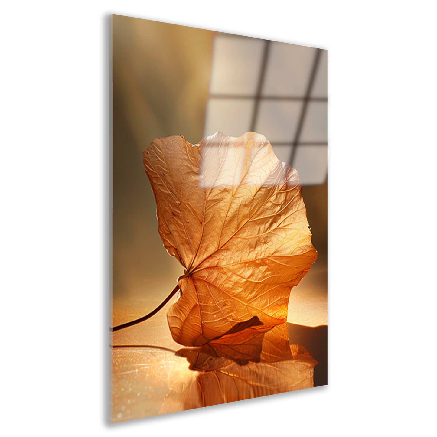 Gouden herfstblad met reflectie op water acrylglas