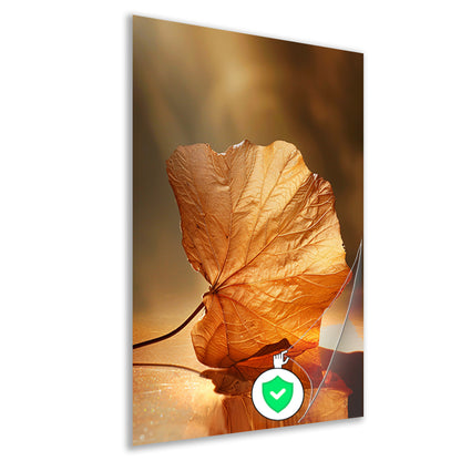 Gouden herfstblad met reflectie op water poster