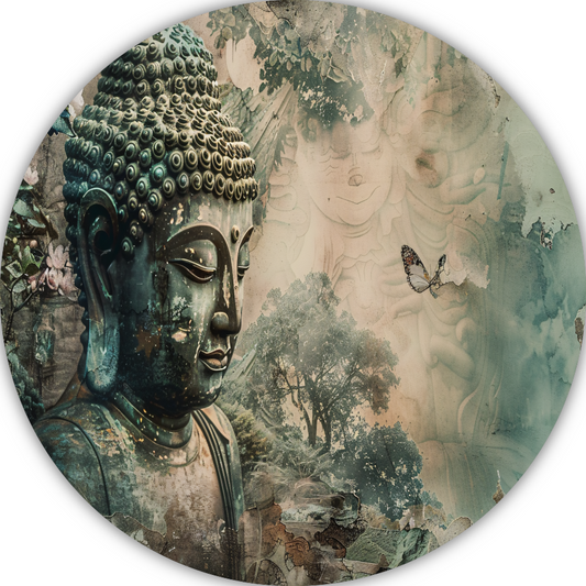 Serene Boeddha met bloesems in sepia tonen aluminium muurcirkel