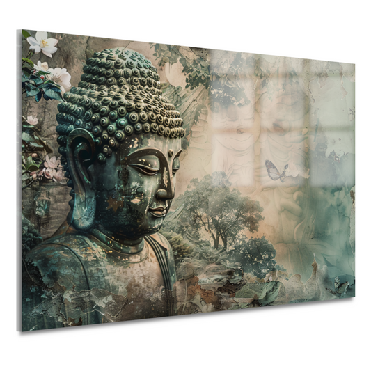 Serene Boeddha met bloesems in sepia tonen acrylglas