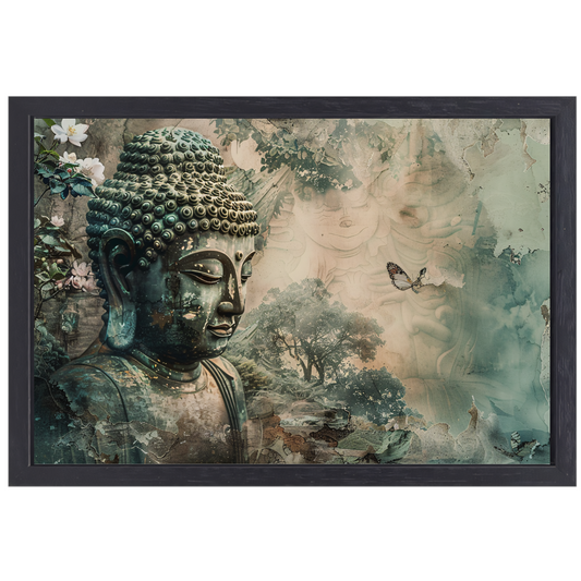 Serene Boeddha met bloesems in sepia tonen canvas met baklijst