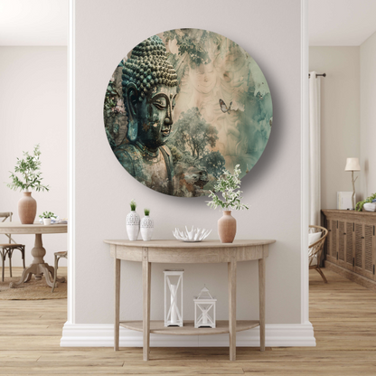 Serene Boeddha met bloesems in sepia tonen forex muurcirkel