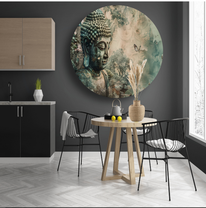 Serene Boeddha met bloesems in sepia tonen aluminium muurcirkel