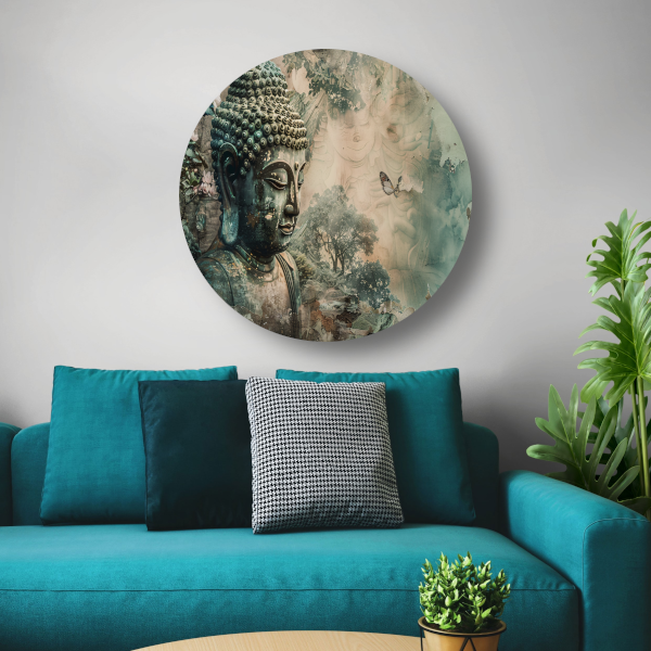 Serene Boeddha met bloesems in sepia tonen forex muurcirkel