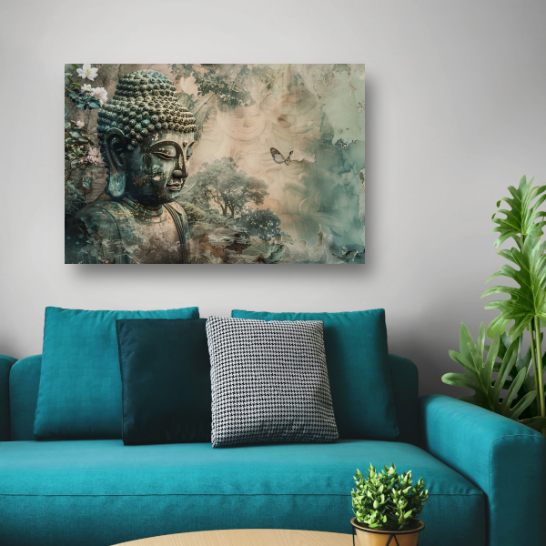 Serene Boeddha met bloesems in sepia tonen canvas