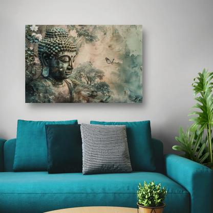 Serene Boeddha met bloesems in sepia tonen canvas