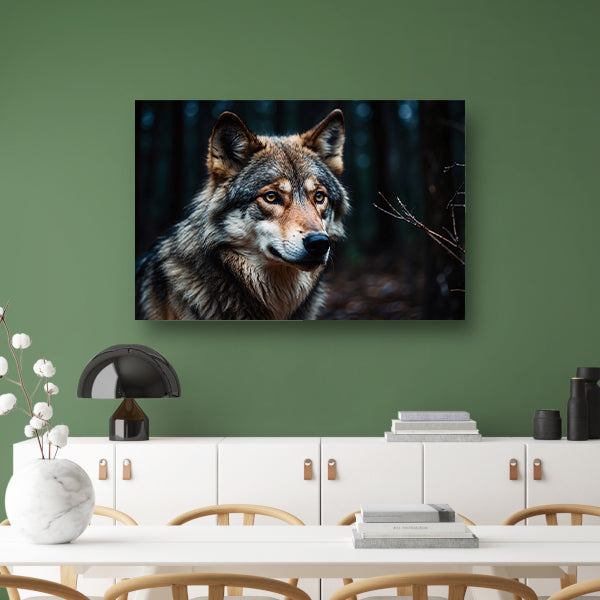 Indrukwekkende wolf in donker bos canvas met baklijst