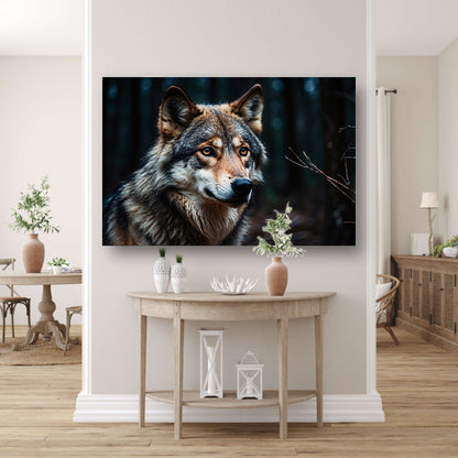 Indrukwekkende wolf in donker bos canvas met baklijst