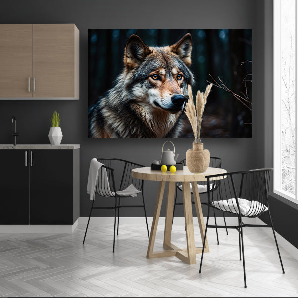 Indrukwekkende wolf in donker bos canvas met baklijst