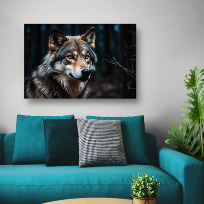 Indrukwekkende wolf in donker bos canvas met baklijst