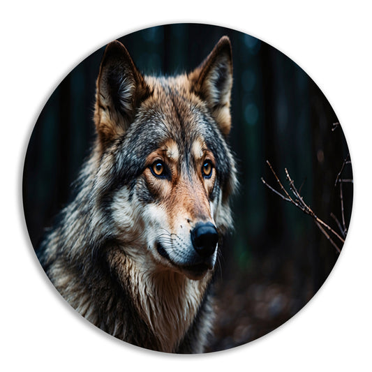 Indrukwekkende wolf in donker bos aluminium muurcirkel