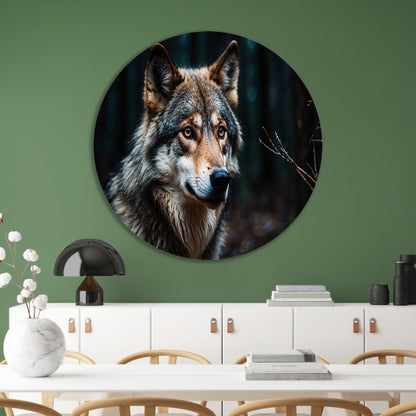 Indrukwekkende wolf in donker bos aluminium muurcirkel